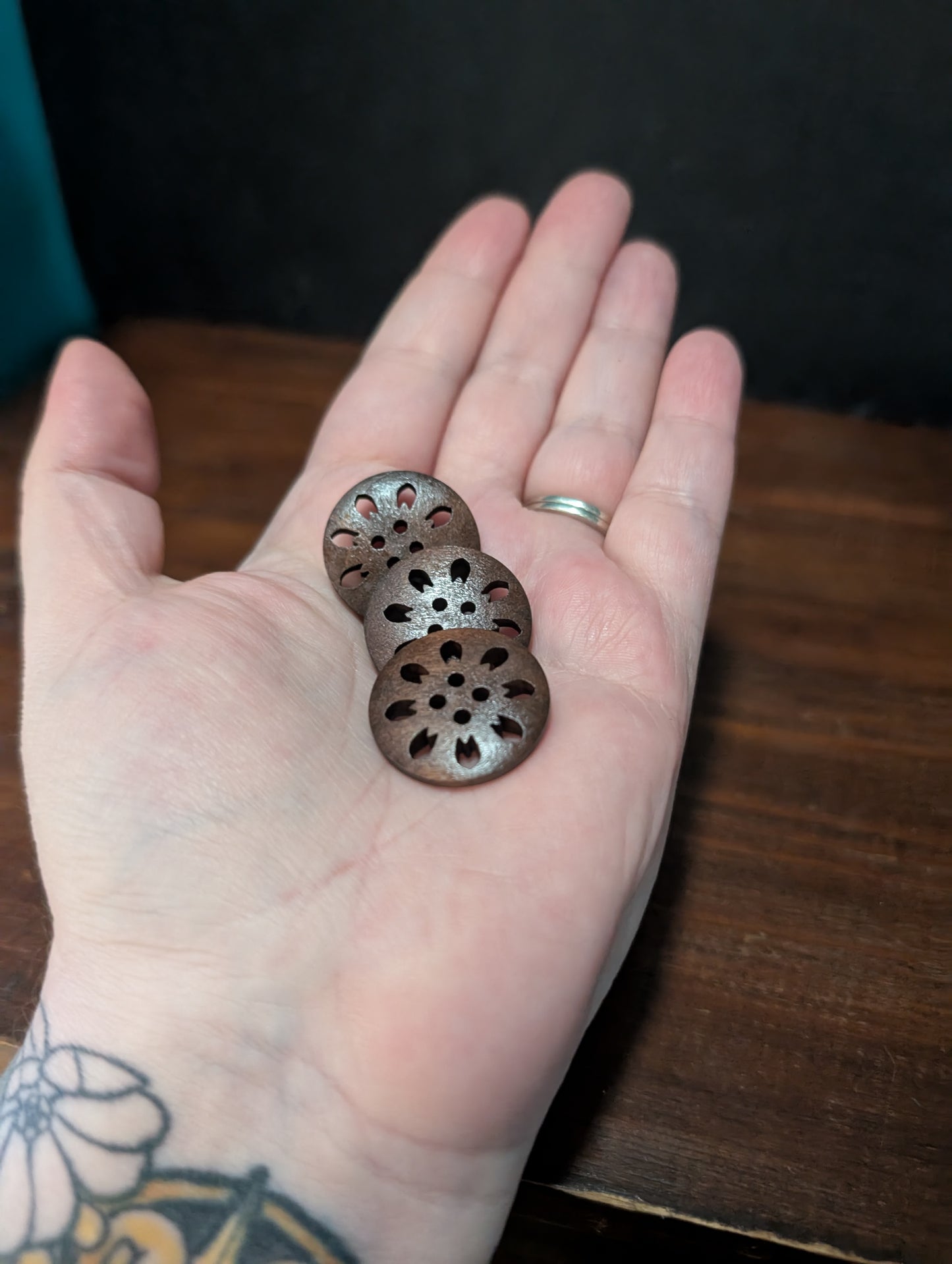 Carved Wooden Round Floral Button